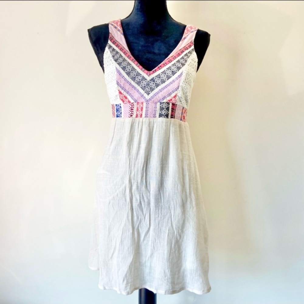 Flying Tomato Cream Mini Bohemian Embroidered Accented Dress